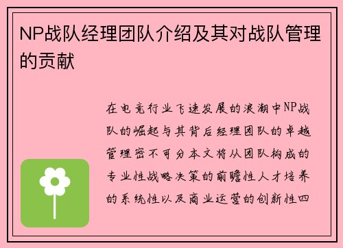 NP战队经理团队介绍及其对战队管理的贡献